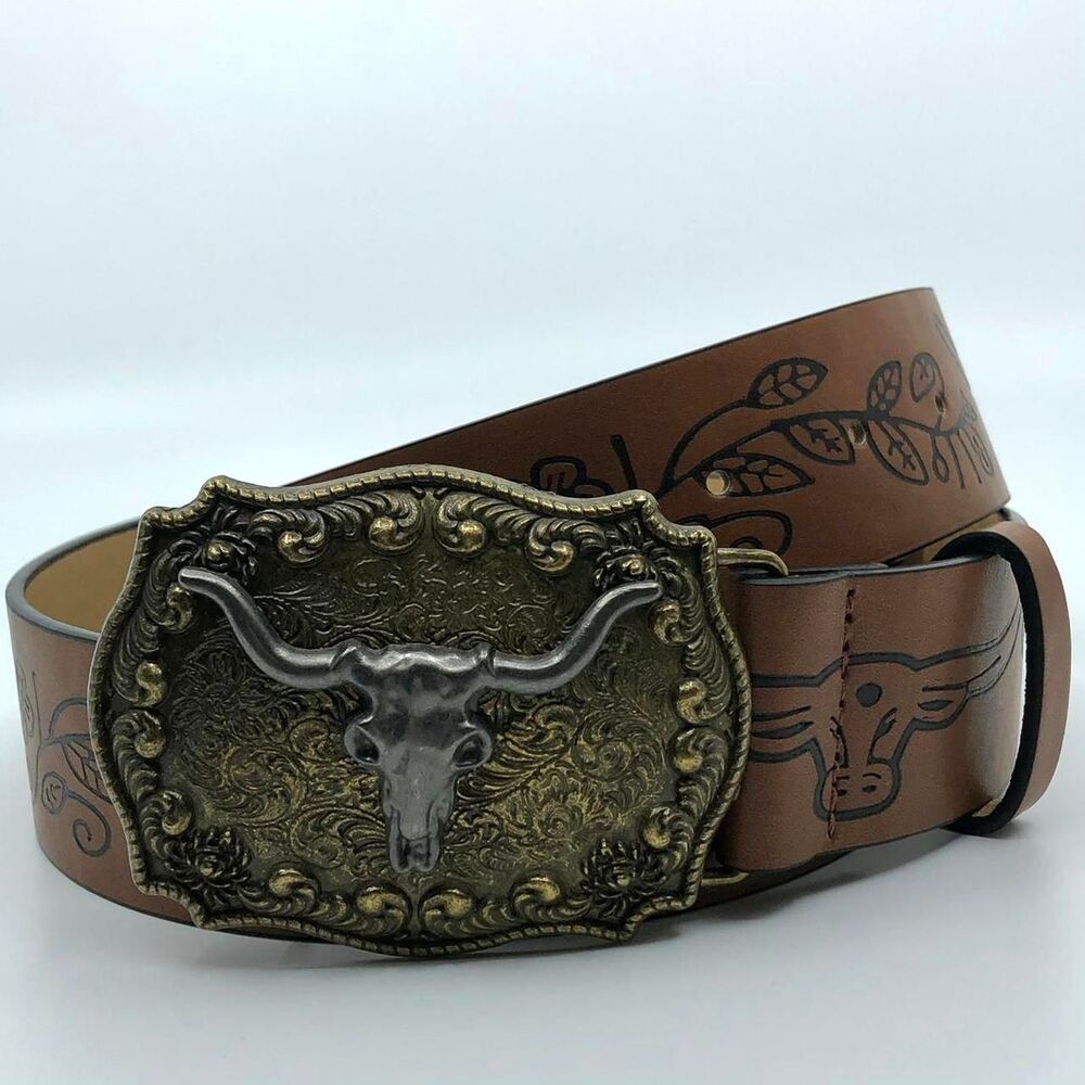 Women's Western Brown Belt w/ Big Longhorn Buckle, 31.5–40.5 Inches, X7G9A796